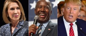 Candidates Fiorina, Carson, and Trump (pictured left, center, and right respectively) have earned support for being political outsiders